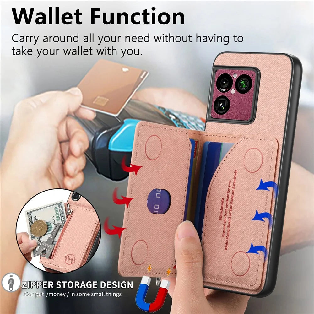 For Sony Xperia 1 VIII Case Zipper Card Holder Kickstand Jeans Cloth Texture Leather Back Cover - Pink - 5