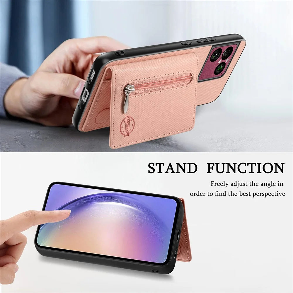 For Sony Xperia 1 VIII Case Zipper Card Holder Kickstand Jeans Cloth Texture Leather Back Cover - Pink - 6