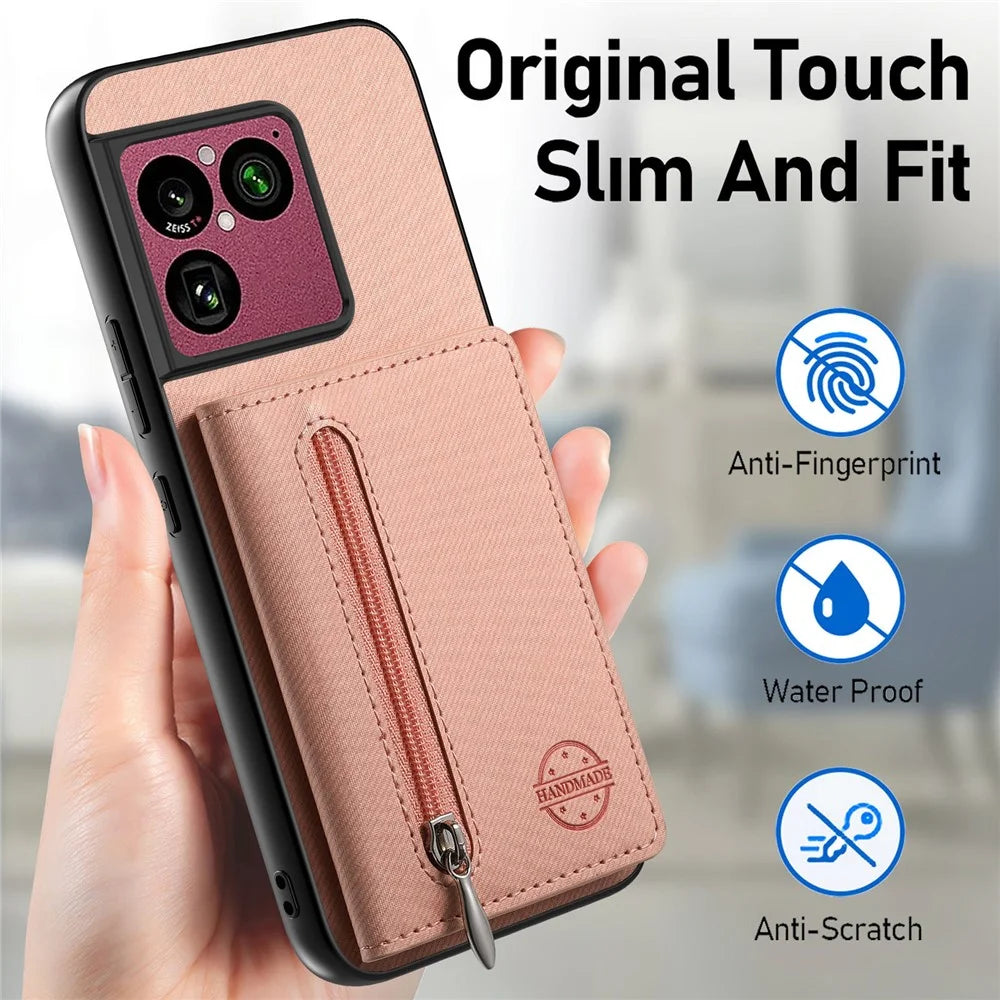 For Sony Xperia 1 VIII Case Zipper Card Holder Kickstand Jeans Cloth Texture Leather Back Cover - Pink - 7
