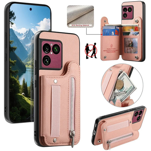 For Sony Xperia 1 VIII Case RFID Blocking Card Holder Jeans Cloth Texture Leather Back Cover with Elastic Wristband - Pink - 1