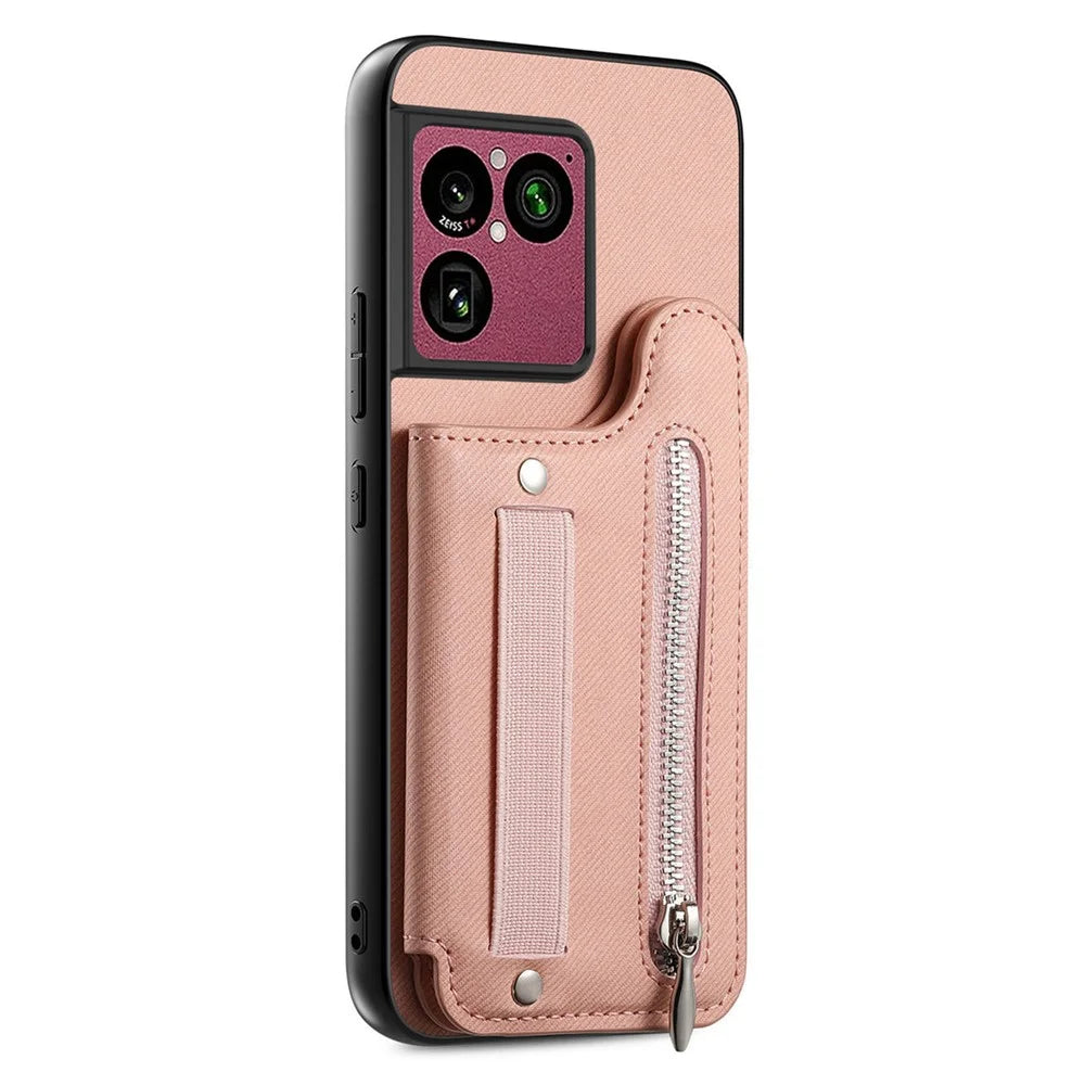 For Sony Xperia 1 VIII Case RFID Blocking Card Holder Jeans Cloth Texture Leather Back Cover with Elastic Wristband - Pink - 3