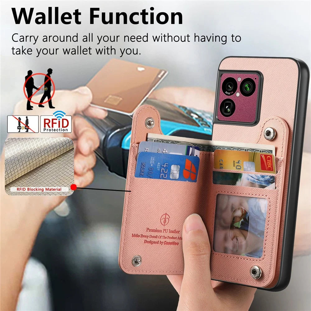 For Sony Xperia 1 VIII Case RFID Blocking Card Holder Jeans Cloth Texture Leather Back Cover with Elastic Wristband - Pink - 4