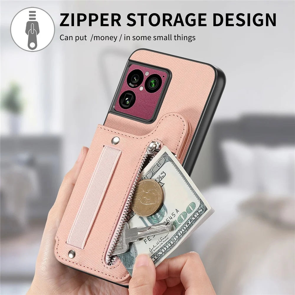 For Sony Xperia 1 VIII Case RFID Blocking Card Holder Jeans Cloth Texture Leather Back Cover with Elastic Wristband - Pink - 7