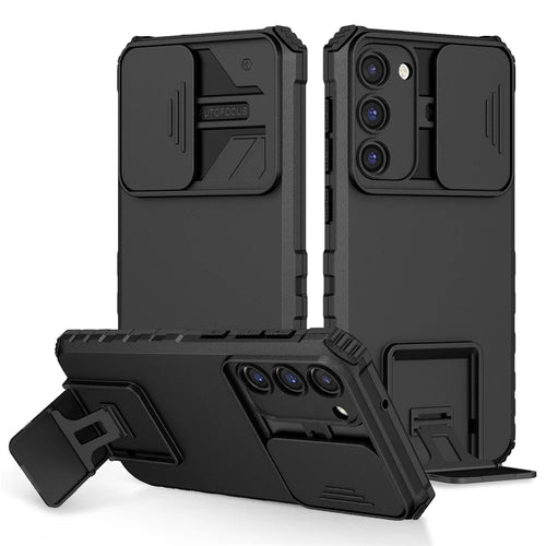 For Samsung Galaxy S23 Kickstand Phone Case Slide Camera Protection PC + TPU Drop-Proof Cover - Black - 1