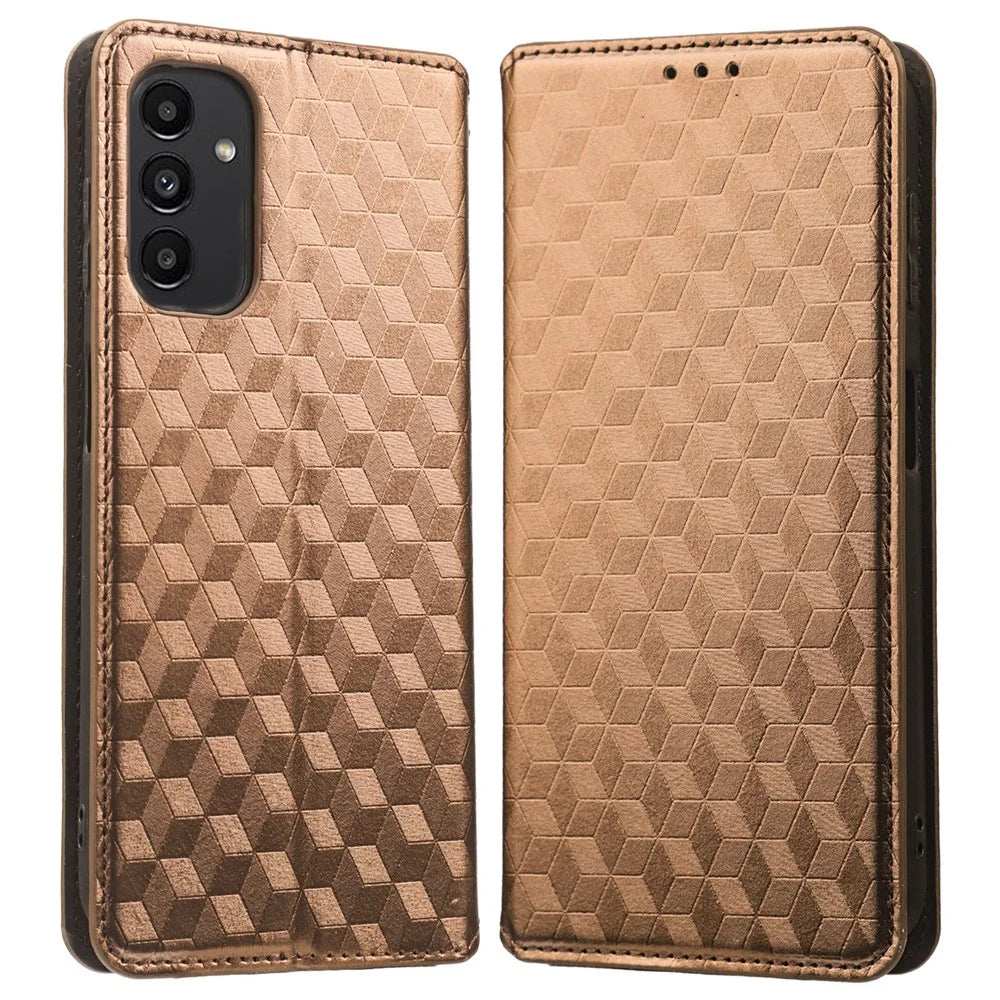For Samsung Galaxy A14 5G / A14 4G Imprinted Rhombus Pattern Stand Wallet Phone Case PU Leather Magnetic Auto-absorbed Folio Flip Cover - Brown - 1