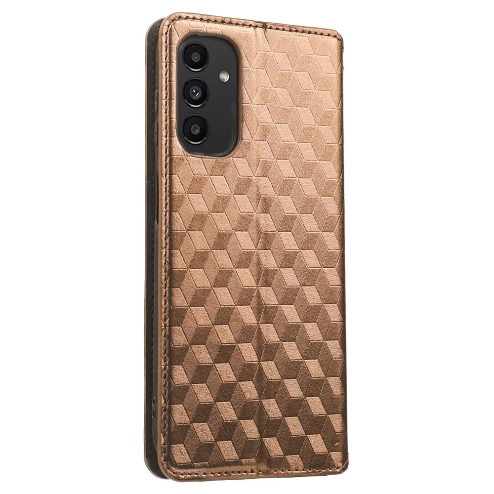 For Samsung Galaxy A14 5G / A14 4G Imprinted Rhombus Pattern Stand Wallet Phone Case PU Leather Magnetic Auto-absorbed Folio Flip Cover - Brown - 7
