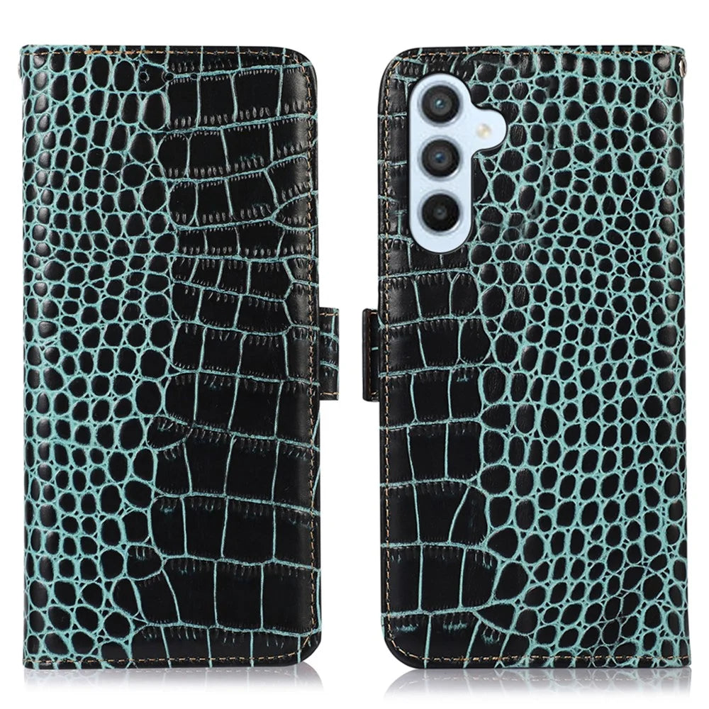 For Samsung Galaxy S26 FE Case RFID Blocking Wallet Crocodile Texture Genuine Cow Leather Phone Cover - Green - 1