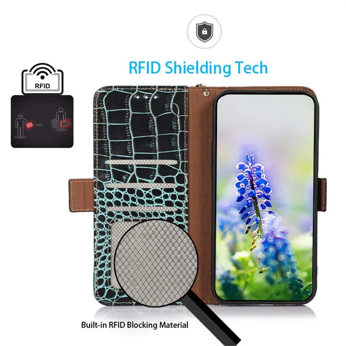 For Samsung Galaxy S26 FE Case RFID Blocking Wallet Crocodile Texture Genuine Cow Leather Phone Cover - Green - 2