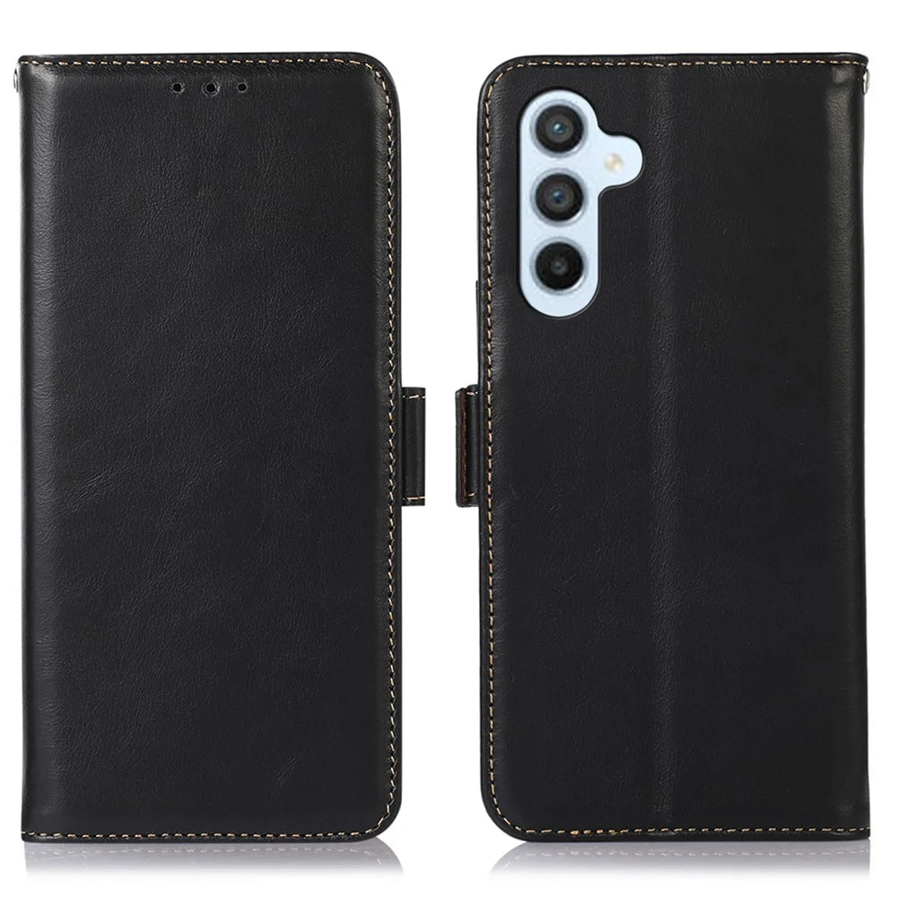 For Samsung Galaxy S26 FE Case RFID Blocking Genuine Cow Leather Wallet Phone Cover - Black - 1