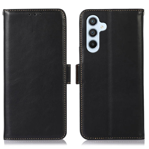 For Samsung Galaxy S26 FE Case RFID Blocking Genuine Cow Leather Wallet Phone Cover - Black - 1