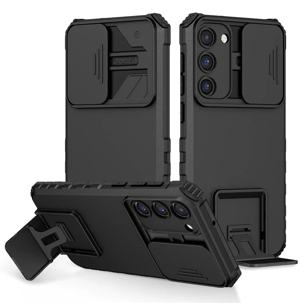 For Samsung Galaxy S23+ Kickstand PC + TPU Phone Case Slide Camera Protector Shockproof Cover - Black - 1