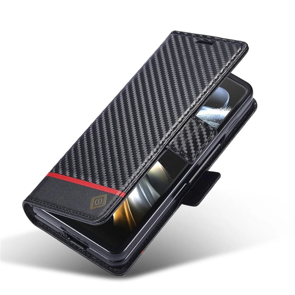 LC.IMEEKE Wallet Case for Samsung Galaxy Z Fold8 Ultra Carbon Fiber Texture Leather Phone Cover - Horizontal Stripe - 4
