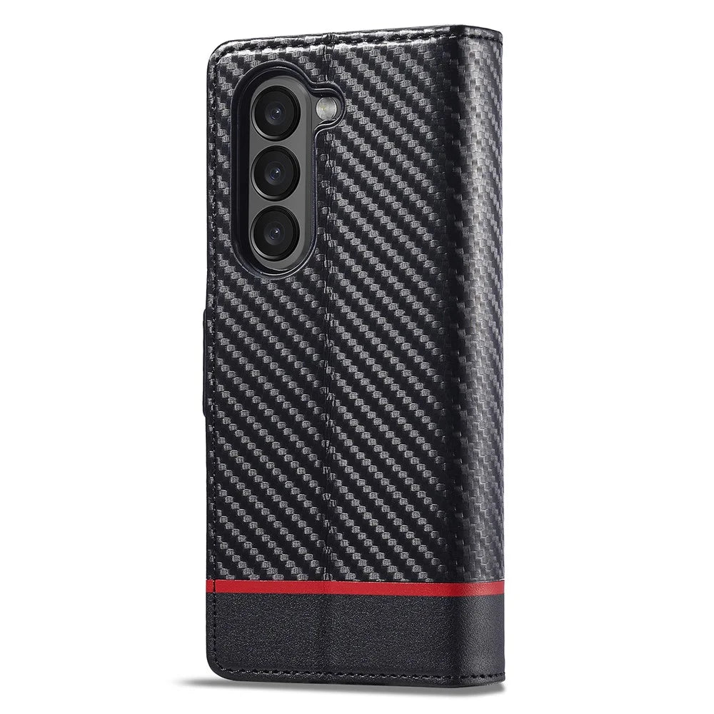 LC.IMEEKE Wallet Case for Samsung Galaxy Z Fold8 Ultra Carbon Fiber Texture Leather Phone Cover - Horizontal Stripe - 6