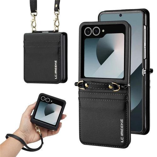 LC.IMEEKE L1 for Samsung Galaxy Z Flip8 Case Leather+PC Phone Cover with Straps Card Slots - Black - 1