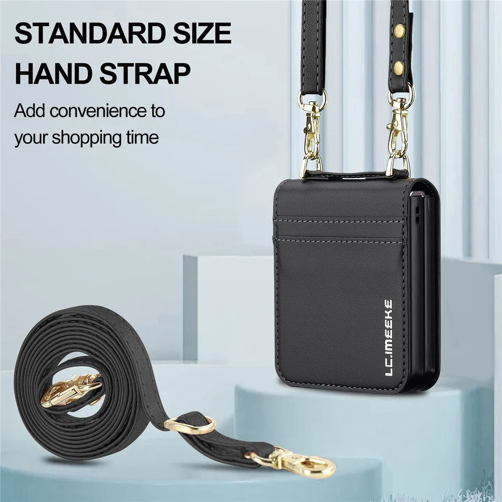 LC.IMEEKE L1 for Samsung Galaxy Z Flip8 Case Leather+PC Phone Cover with Straps Card Slots - Black - 3