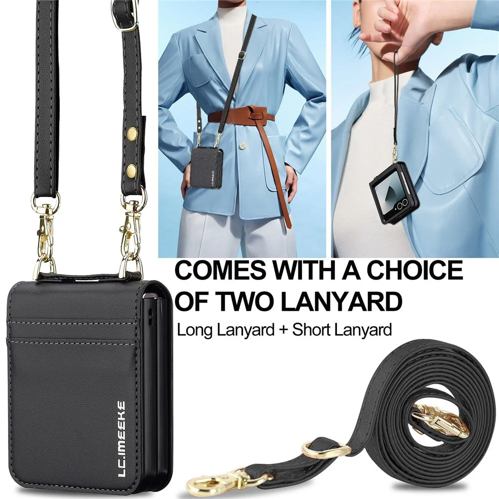 LC.IMEEKE L1 for Samsung Galaxy Z Flip8 Case Leather+PC Phone Cover with Straps Card Slots - Black - 4