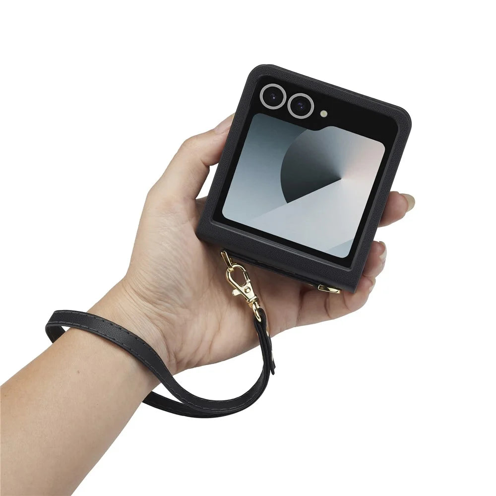 LC.IMEEKE L1 for Samsung Galaxy Z Flip8 Case Leather+PC Phone Cover with Straps Card Slots - Black - 6