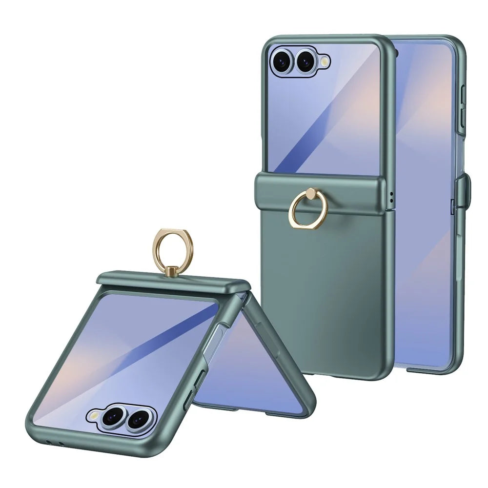 For Samsung Galaxy Z Flip8 Case with Tempered Glass Film Ring Holder Kickstand PC Phone Cover - Green - 1