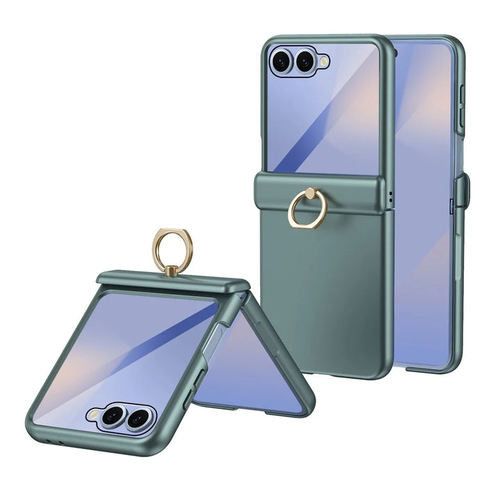For Samsung Galaxy Z Flip8 Case with Tempered Glass Film Ring Holder Kickstand PC Phone Cover - Green - 1