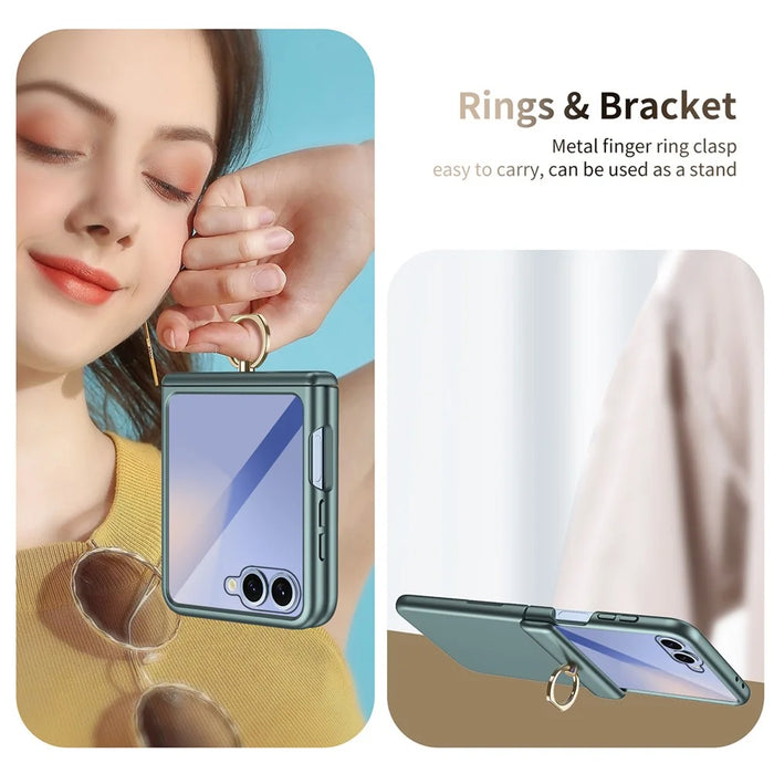 For Samsung Galaxy Z Flip8 Case with Tempered Glass Film Ring Holder Kickstand PC Phone Cover - Green - 3