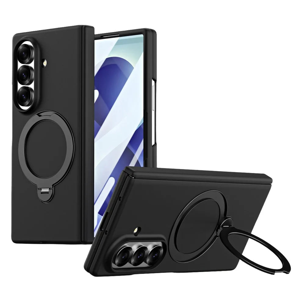 For Samsung Galaxy Z Fold8 Ultra Case Magnetic Rotating Kickstand Hard PC Phone Cover with Tempered Glass Film - Black - 1
