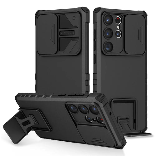 For Samsung Galaxy S23 Ultra Slide Camera Protection Kickstand Phone Case PC + TPU Protective Cover - Black - 1