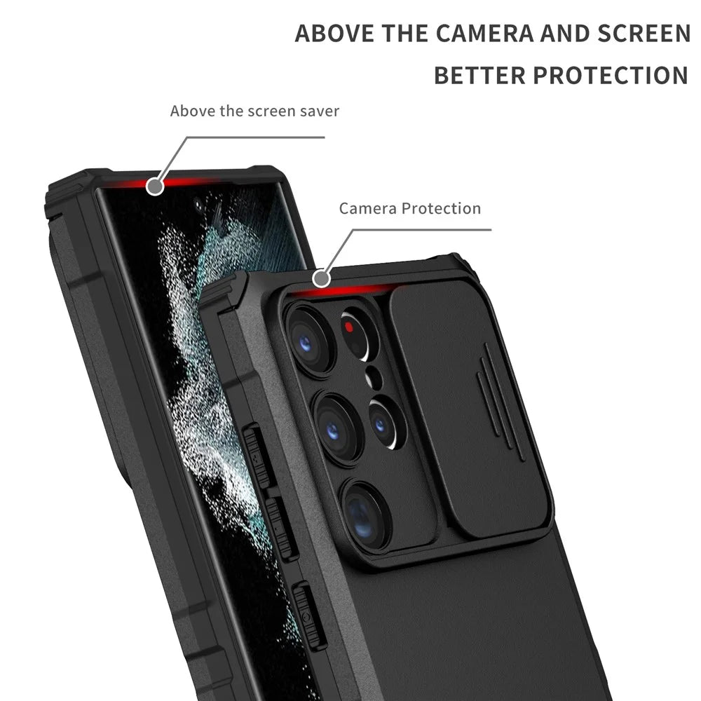 For Samsung Galaxy S23 Ultra Slide Camera Protection Kickstand Phone Case PC + TPU Protective Cover - Black - 4