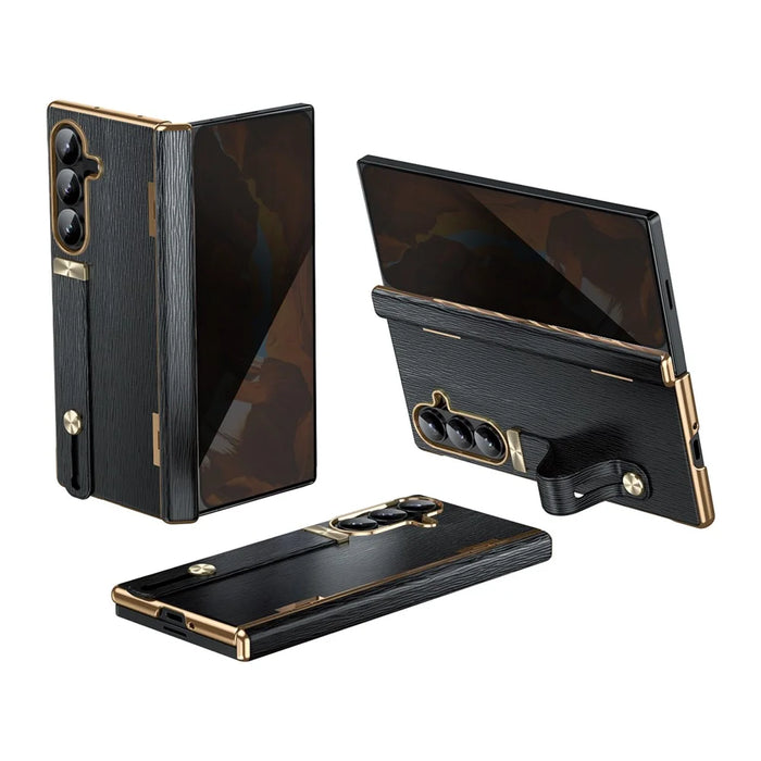 For Samsung Galaxy Z Fold8 Ultra Case Retractable Wrist Strap Kickstand Leather PC Case with Hinge Protection / Tempered Glass Flim - Black - 1