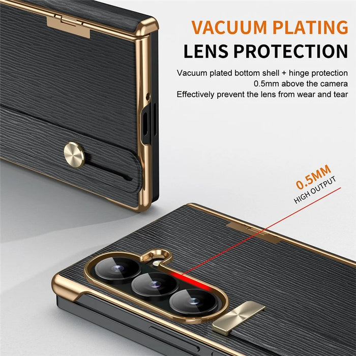 For Samsung Galaxy Z Fold8 Ultra Case Retractable Wrist Strap Kickstand Leather PC Case with Hinge Protection / Tempered Glass Flim - Black - 6