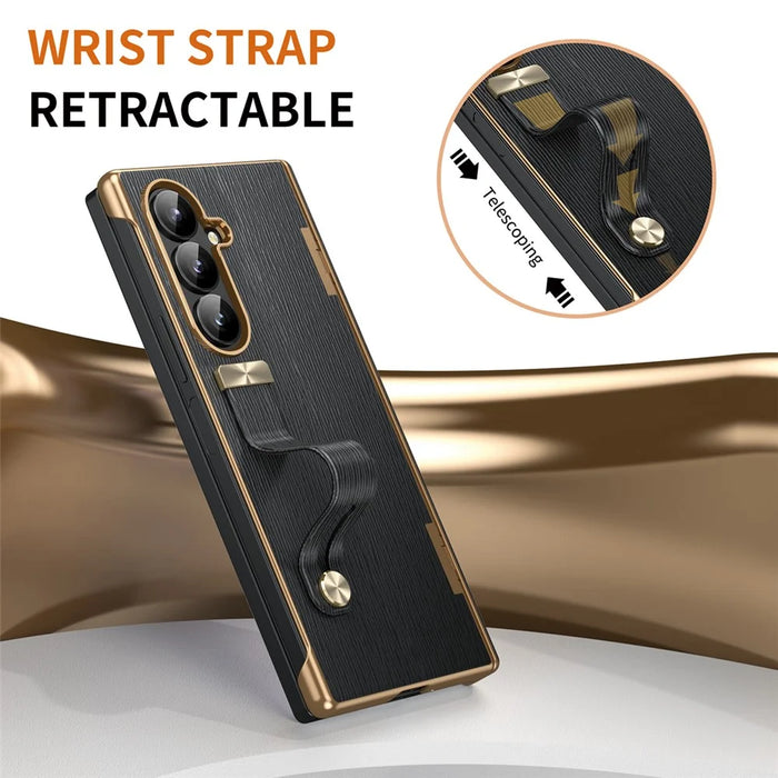For Samsung Galaxy Z Fold7 5G Case Retractable Wrist Strap Kickstand Leather PC Case with Hinge Protection / Tempered Glass Flim - Black - 2