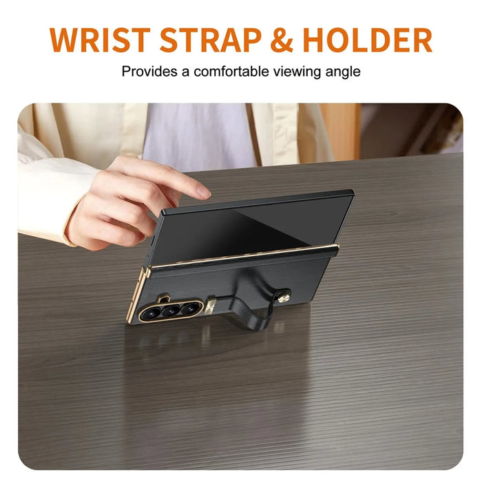 For Samsung Galaxy Z Fold7 5G Case Retractable Wrist Strap Kickstand Leather PC Case with Hinge Protection / Tempered Glass Flim - Black - 4