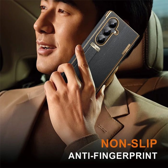 For Samsung Galaxy Z Fold7 5G Case Retractable Wrist Strap Kickstand Leather PC Case with Hinge Protection / Tempered Glass Flim - Black - 7