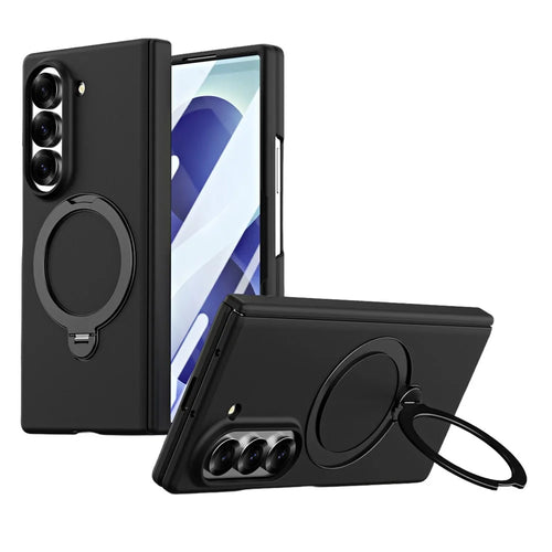 For Samsung Galaxy Z Fold6 5G Case Magnetic Rotating Kickstand Hard PC Phone Cover with Tempered Glass Film - Black - 1
