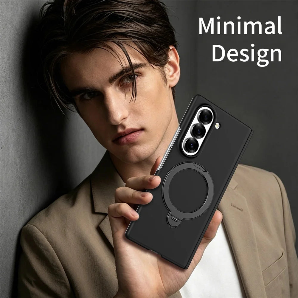 For Samsung Galaxy Z Fold6 5G Case Magnetic Rotating Kickstand Hard PC Phone Cover with Tempered Glass Film - Black - 5