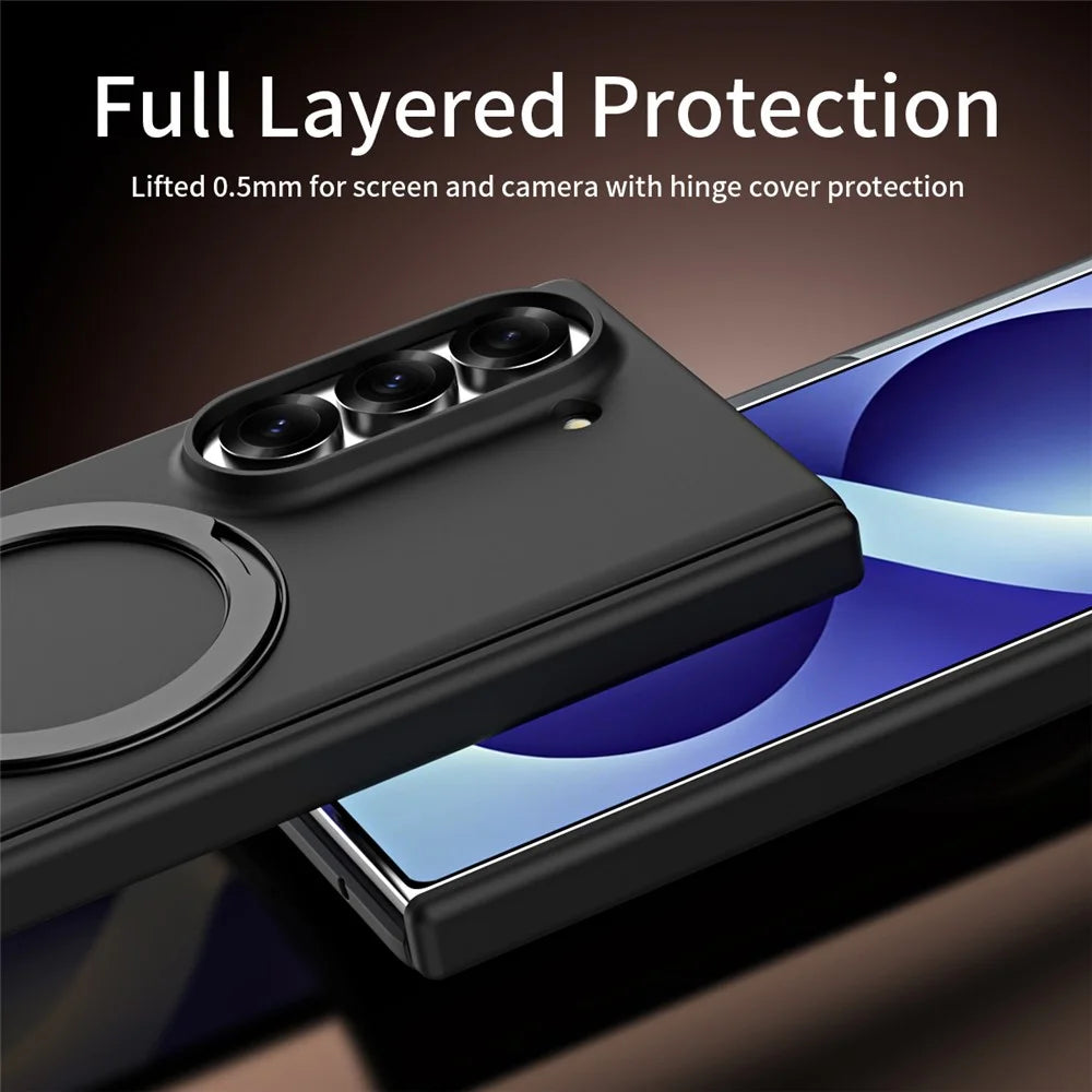 For Samsung Galaxy Z Fold6 5G Case Magnetic Rotating Kickstand Hard PC Phone Cover with Tempered Glass Film - Black - 6