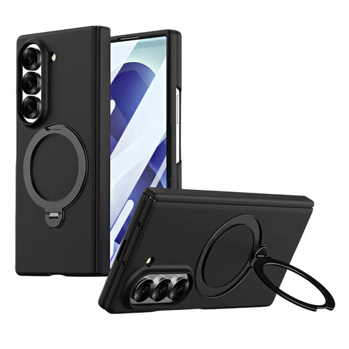 For Samsung Galaxy Z Fold5 5G Case Magnetic Rotating Kickstand Hard PC Phone Cover with Tempered Glass Film - Black - 1