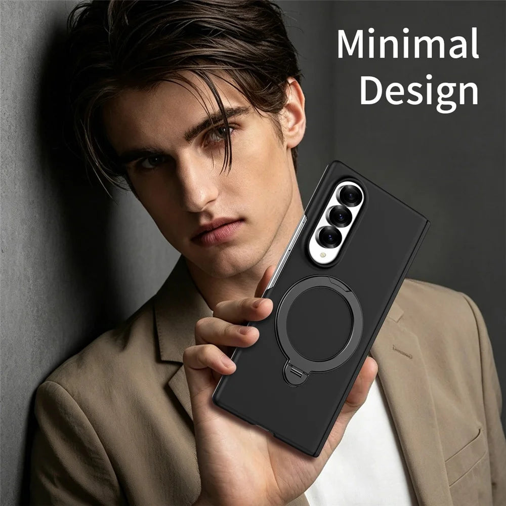 For Samsung Galaxy Z Fold4 5G Case Magnetic Rotating Kickstand Hard PC Phone Cover with Tempered Glass Film - Black - 5