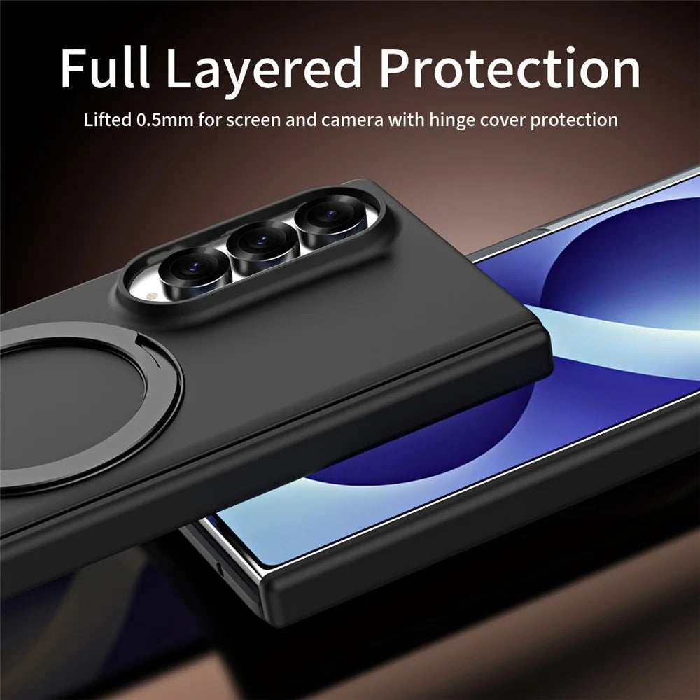 For Samsung Galaxy Z Fold4 5G Case Magnetic Rotating Kickstand Hard PC Phone Cover with Tempered Glass Film - Black - 6