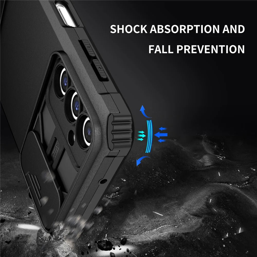 For Samsung Galaxy A14 5G / A14 4G Slide Camera Protection PC + TPU Phone Case Adjustable Kickstand Anti-Drop Cover - Black - 5