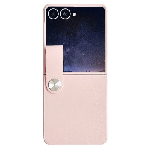 For Samsung Galaxy Z Flip8 Case PU Leather + PC Phone Cover with Grip Strap - Pink - 1