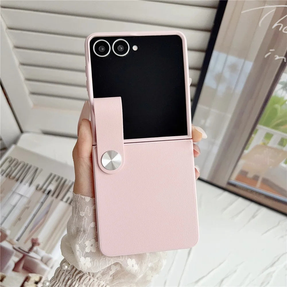 For Samsung Galaxy Z Flip8 Case PU Leather + PC Phone Cover with Grip Strap - Pink - 2