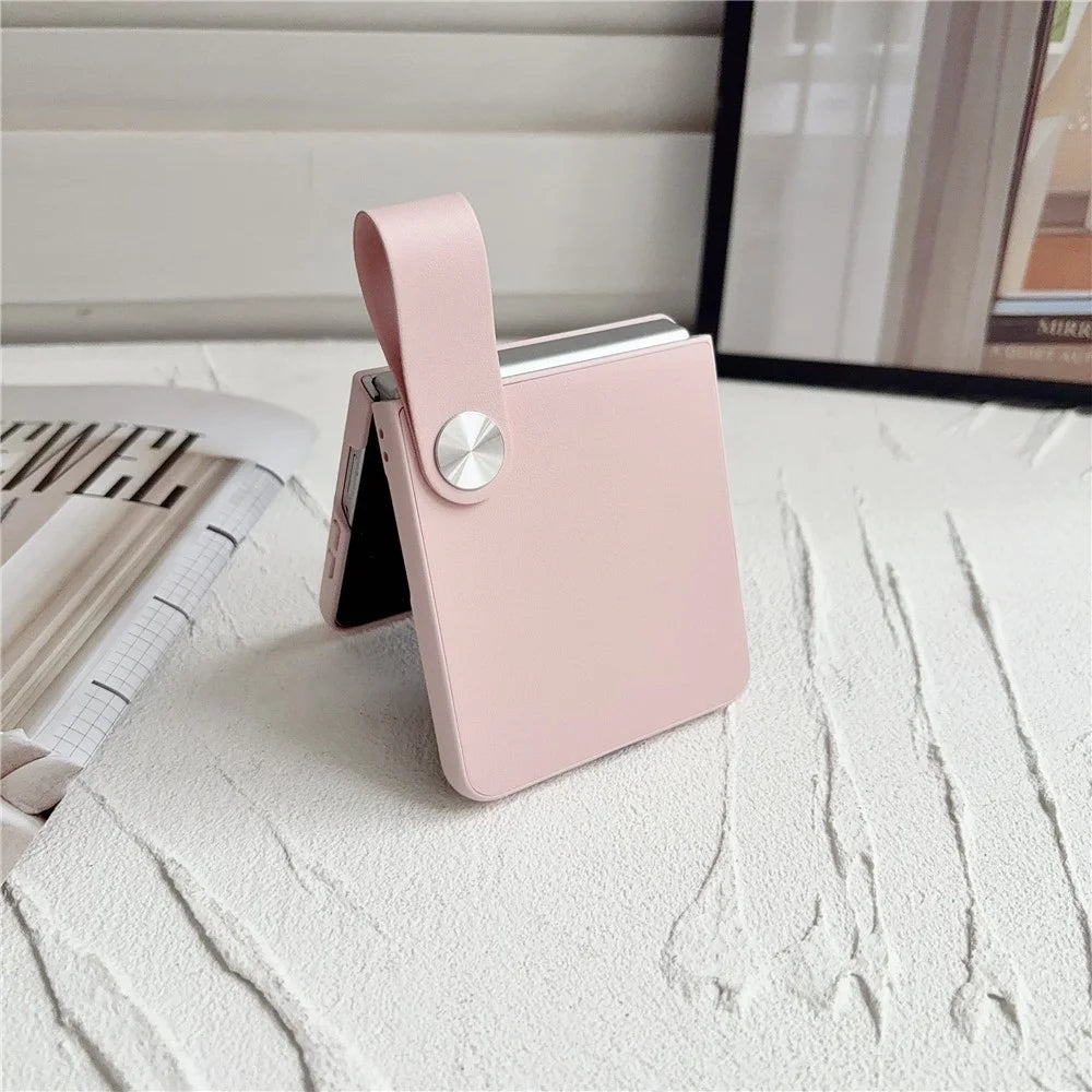 For Samsung Galaxy Z Flip8 Case PU Leather + PC Phone Cover with Grip Strap - Pink - 7