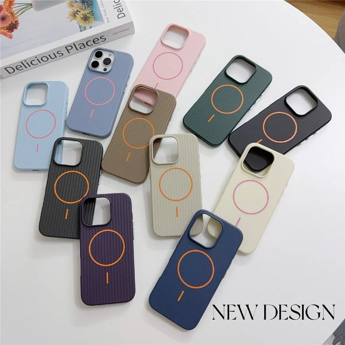 For iPhone 16 Pro Max Magnetic Case Corrugated Texture Hard PC Phone Protective Cover - Dark Green - 6