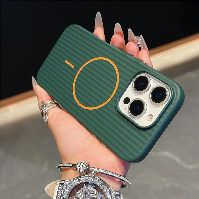For iPhone 16 Pro Magnetic Case Corrugated Texture Hard PC Phone Protective Cover - Dark Green - 1
