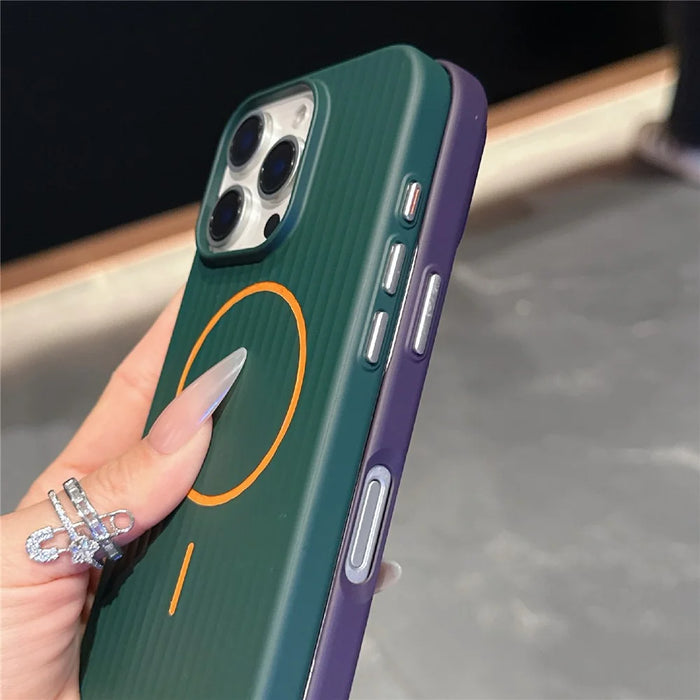 For iPhone 16 Pro Magnetic Case Corrugated Texture Hard PC Phone Protective Cover - Dark Green - 4