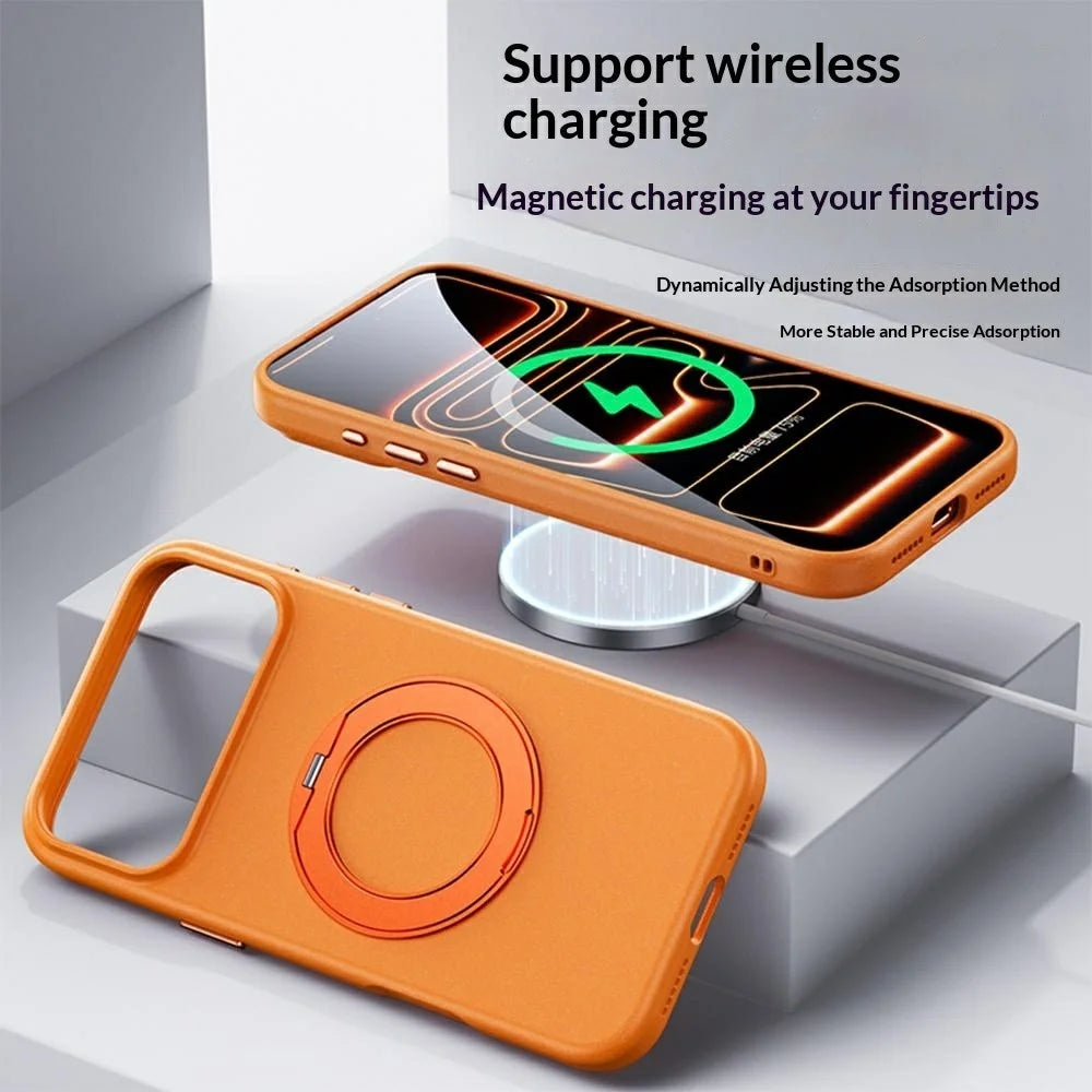 For iPhone 17 Pro Max Magnetic Case Rotating Kickstand Matte Texture Anti-Fingerprint PC + TPU Shockproof Phone Cover - Orange - 3