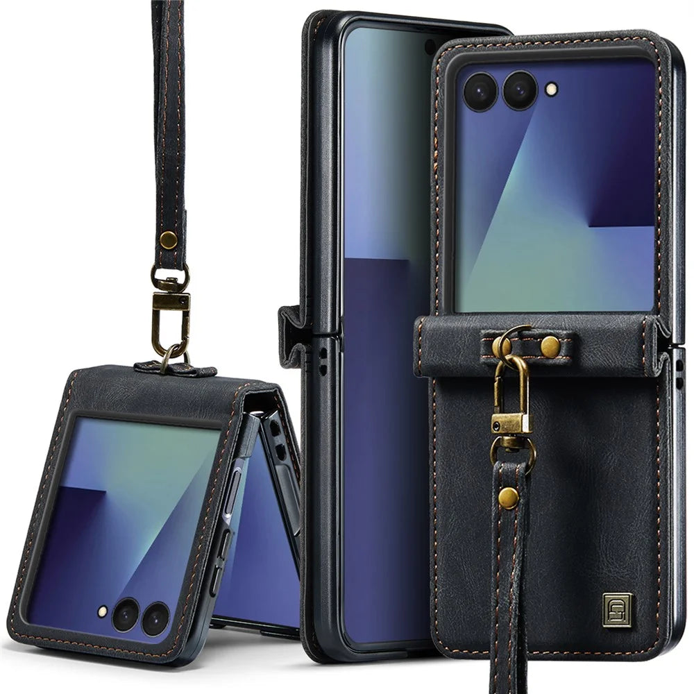AUTSPACE A01 For Samsung Galaxy Z Flip8 Case Matte PU Leather + PC Folding Phone Cover with Hand Strap - Black - 1