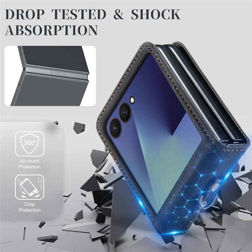 AUTSPACE A01 For Samsung Galaxy Z Flip8 Case Matte PU Leather + PC Folding Phone Cover with Hand Strap - Black - 2