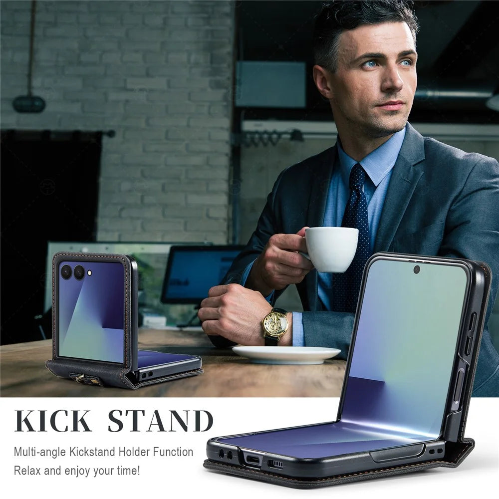 AUTSPACE A01 For Samsung Galaxy Z Flip8 Case Matte PU Leather + PC Folding Phone Cover with Hand Strap - Black - 3