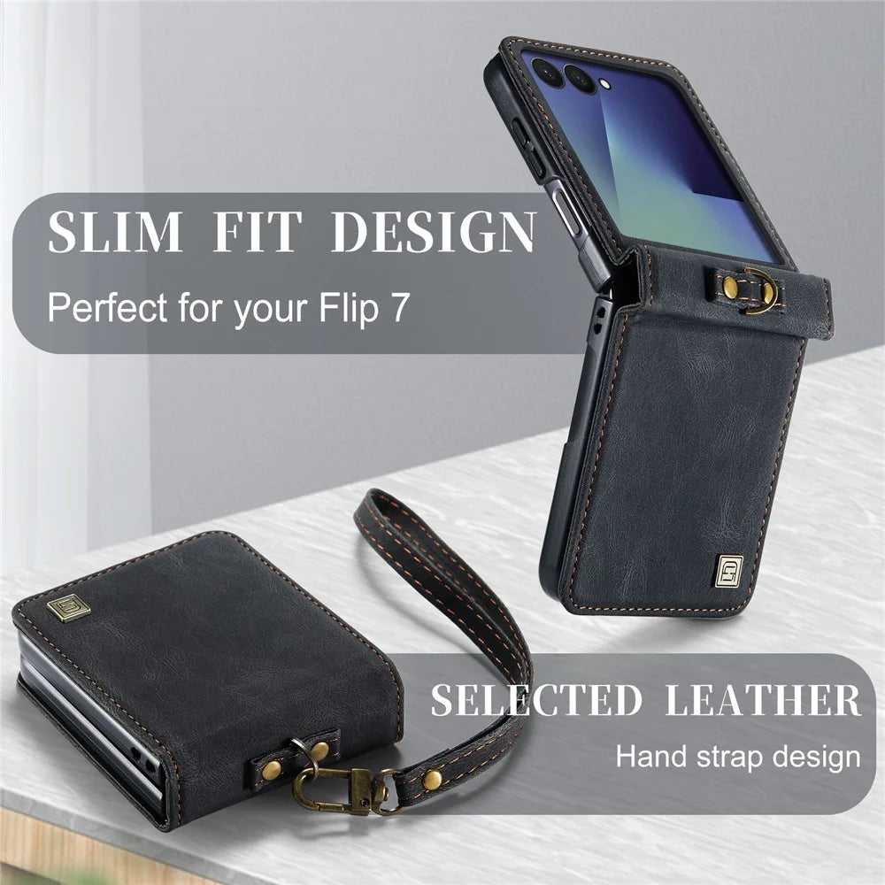 AUTSPACE A01 For Samsung Galaxy Z Flip8 Case Matte PU Leather + PC Folding Phone Cover with Hand Strap - Black - 6